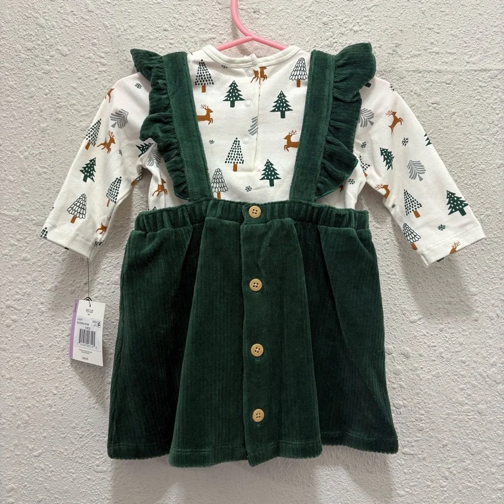 Focus Kids Girls Christmas Holiday Apron Dress & Onesie Ensemble NWT 9 Months